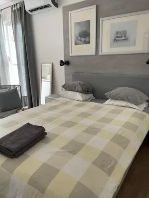 a bedroom with a large bed with a plaid blanket on it at Slavija Square Apartments in Belgrade