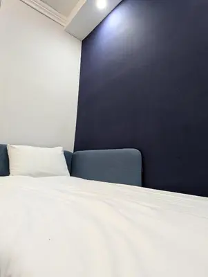 a bed in a room with a blue wall at Top Belgrade Apartments in Belgrade