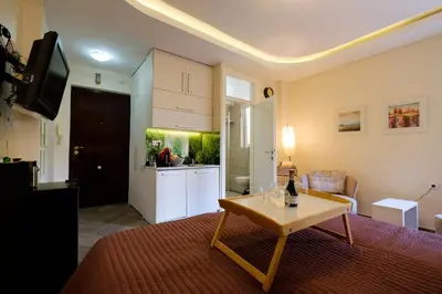 a living room with a table and a kitchen at Enjoy Belgrade in Belgrade