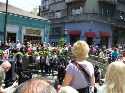a crowd of people standing outside of a building at Enjoy Belgrade in Belgrade