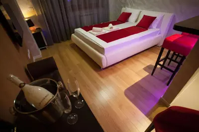 a bedroom with a white bed with red pillows at Gentleman Dog Apartment in Belgrade