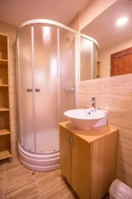 a bathroom with a shower and a sink at Green House Hostel in Belgrade