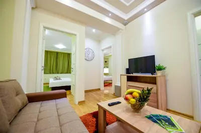 a living room with a couch and a television at Apartment Sweet House Politika in Belgrade