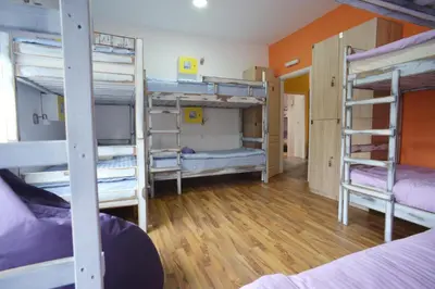 a room with four bunk beds and wooden floors at Stella Di Notte in Belgrade