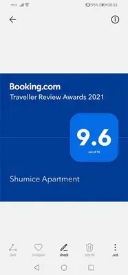a screenshot of a confirmation screen of a travel review app at Shumice Apartment in Belgrade