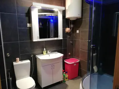 a bathroom with a toilet and a sink and a shower at Shumice Apartment in Belgrade