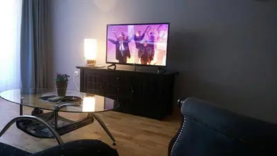 a living room with a tv and a glass table at Apartment Zindan in Belgrade