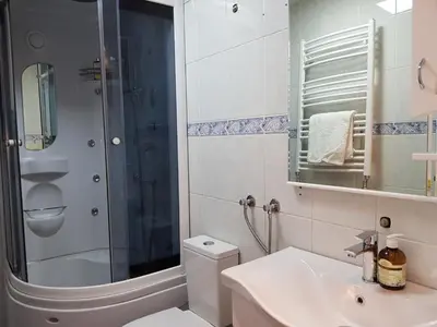 a bathroom with a shower and a toilet and a sink at Victory Dedinje in Belgrade