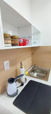 a kitchen with a sink and a counter top at Maslina Rooms in Smederevo