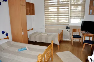 a room with two beds and a desk and a tv at Rooms Karadjordje in Belgrade