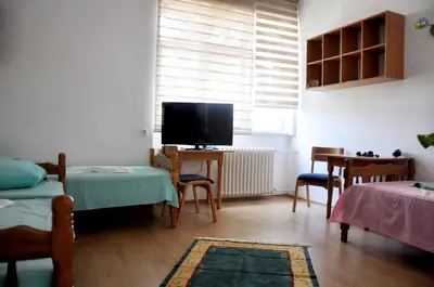 a living room with a bed and a television at Rooms Karadjordje in Belgrade