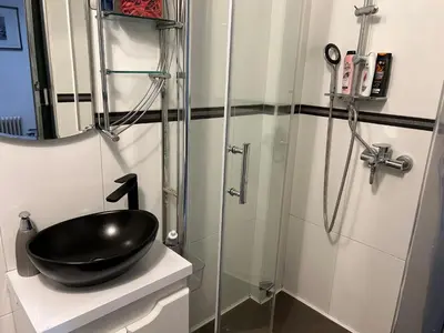 a bathroom with a black sink and a shower at Princ Apartment in Belgrade
