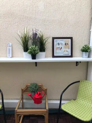 a shelf with plants and a red pot on a table at AMN Center Apartment in Belgrade