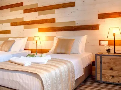 two beds in a room with wooden walls at Hotel Zavicaj in Belgrade