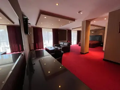 a hotel room with a red carpet and a living room at Vila Srbija Beograd in Meljak