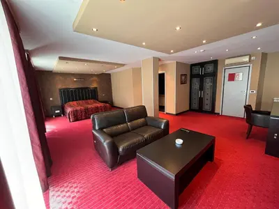 a hotel room with a couch and a bed at Vila Srbija Beograd in Meljak