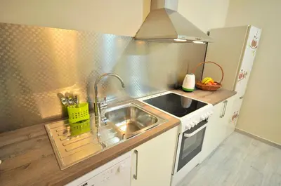 a small kitchen with a sink and a stove at Apartment Sovica in Belgrade
