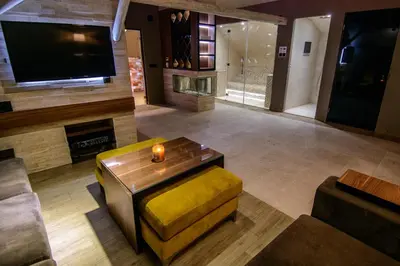 a living room with a fireplace and a tv at Apartments Marconio Wellness Club in Belgrade