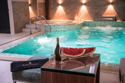 a bottle of wine and a bowl of watermelon next to a swimming pool at Apartments Marconio Wellness Club in Belgrade