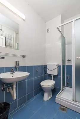 a bathroom with a toilet and a sink and a shower at Petar Drapšin Hostel in Belgrade