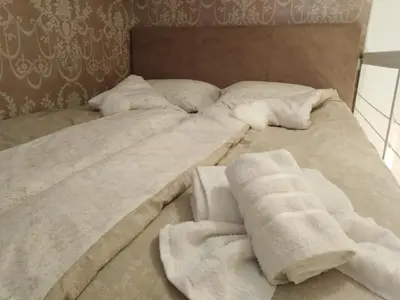 two beds sitting next to each other with towels on them at Nusha Apartments in Belgrade