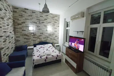 a living room with a couch and a flat screen tv at Apartment River Walk in Belgrade