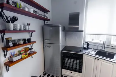 a kitchen with a refrigerator and a sink at Apartment Vivian in Belgrade