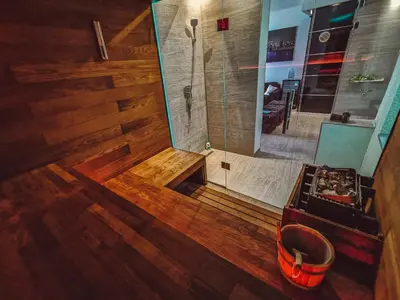 an overhead view of a bathroom with a shower at #1 Lux Villa with Pool, Gameroom, Spa, Zen Yard #Free airport transport# in Belgrade