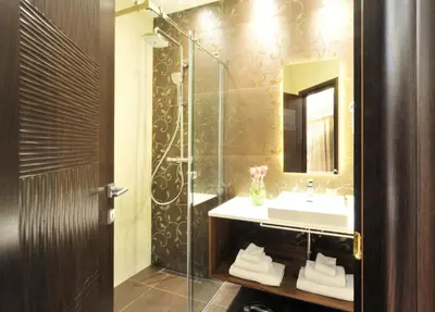 a bathroom with a glass shower and a sink at NV Luxury Suites & Spa in Belgrade