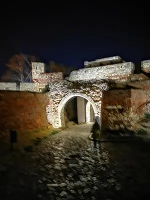 an old stone bridge with an arch in the night at Dream Apt with parking in Belgrade