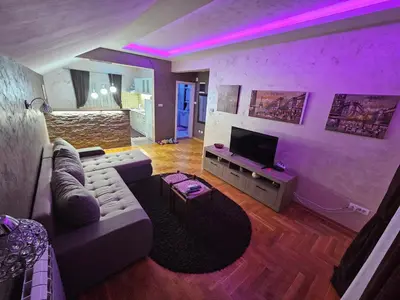 a living room with a couch and a tv at Luxury Apartments Belgrade in Belgrade