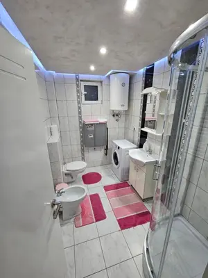 a bathroom with a shower and a sink and a toilet at Luxury Apartments Belgrade in Belgrade