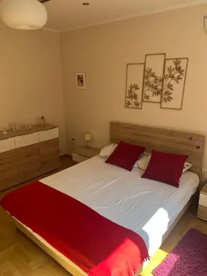 a bedroom with a large white bed with red pillows at Orchid House in Belgrade