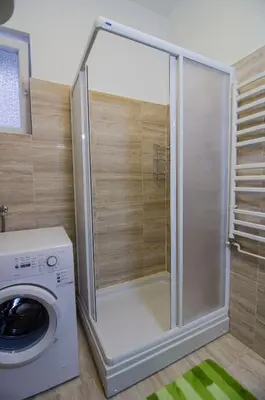 a shower in a bathroom with a washing machine at Villa Rose in Belgrade