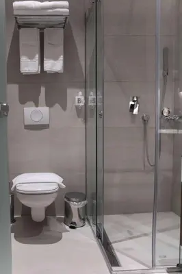 a bathroom with a toilet and a glass shower at Best Western Premier Natalija Residence in Belgrade