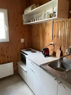 a small kitchen with a sink and a stove at Charming Vacation House in Belgrade