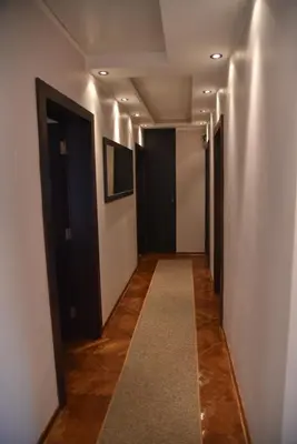 a hallway with black doors and a carpet at B&B Park in Sremčica