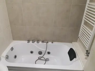 a white bath tub with a hose in a bathroom at Ana's Apartment in Belgrade