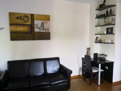 a living room with a black leather couch and a table at Ana's Apartment in Belgrade