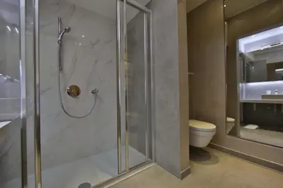 a bathroom with a shower and a toilet at Aber Apartment in Belgrade