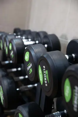 a row of black dumbbells in a gym at Belgrade Art Hotel, a member of Radisson Individuals in Belgrade