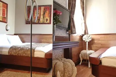 two pictures of a bedroom with a bed and a chair at Vila Terazije in Belgrade