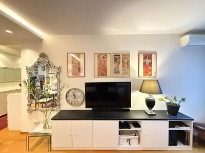 a living room with a tv on a wall at Apartment Elza in Belgrade