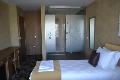 a bedroom with a bed and a bathroom with a shower at Garni Hotel Chicha - Winery ŠKRBIĆ in Belgrade