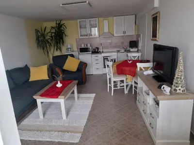 a living room with a couch and a kitchen at Apartment Aqua Royal in Arandjelovac