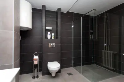 a bathroom with a toilet and a shower at Chess Apartments in Belgrade