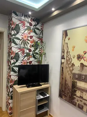 a living room with a tv and a flower wall at Apartment D-22 in Belgrade