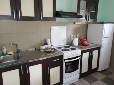 a kitchen with a white stove and a sink at Airport apartment T&T in Surčin