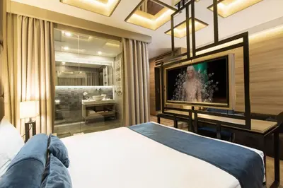 a bedroom with a large bed and a television at Eden Luxury Suites Terazije in Belgrade