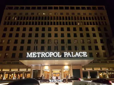 a metropol palace building with a sign on it at Apartment Aleksandar in Belgrade